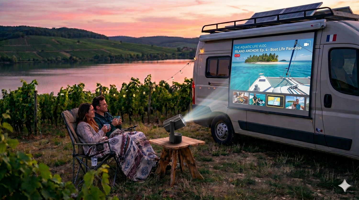 A camper parked in the French countryside at sunset, with a battery-powered projector casting a movie onto the side of the van while travelers relax outside, enjoying an off-grid outdoor cinema experience.